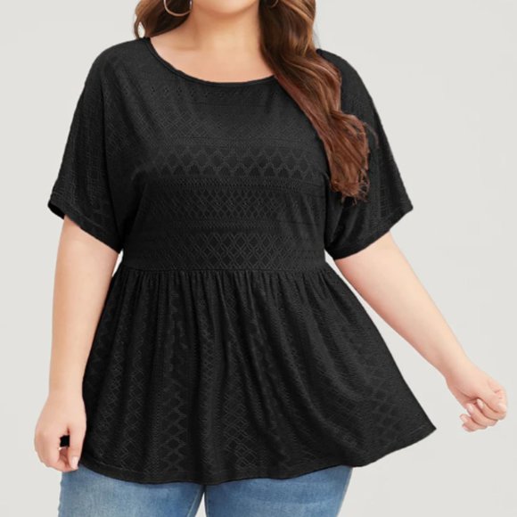 BloomChic Plain Round Neck Broderie Anglaise Ruffles T-shirt Black 3X - Picture 1 of 2